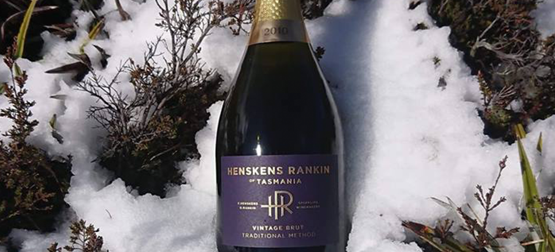 Henskens Rankin of Tasmania sparkling bottle in the snow